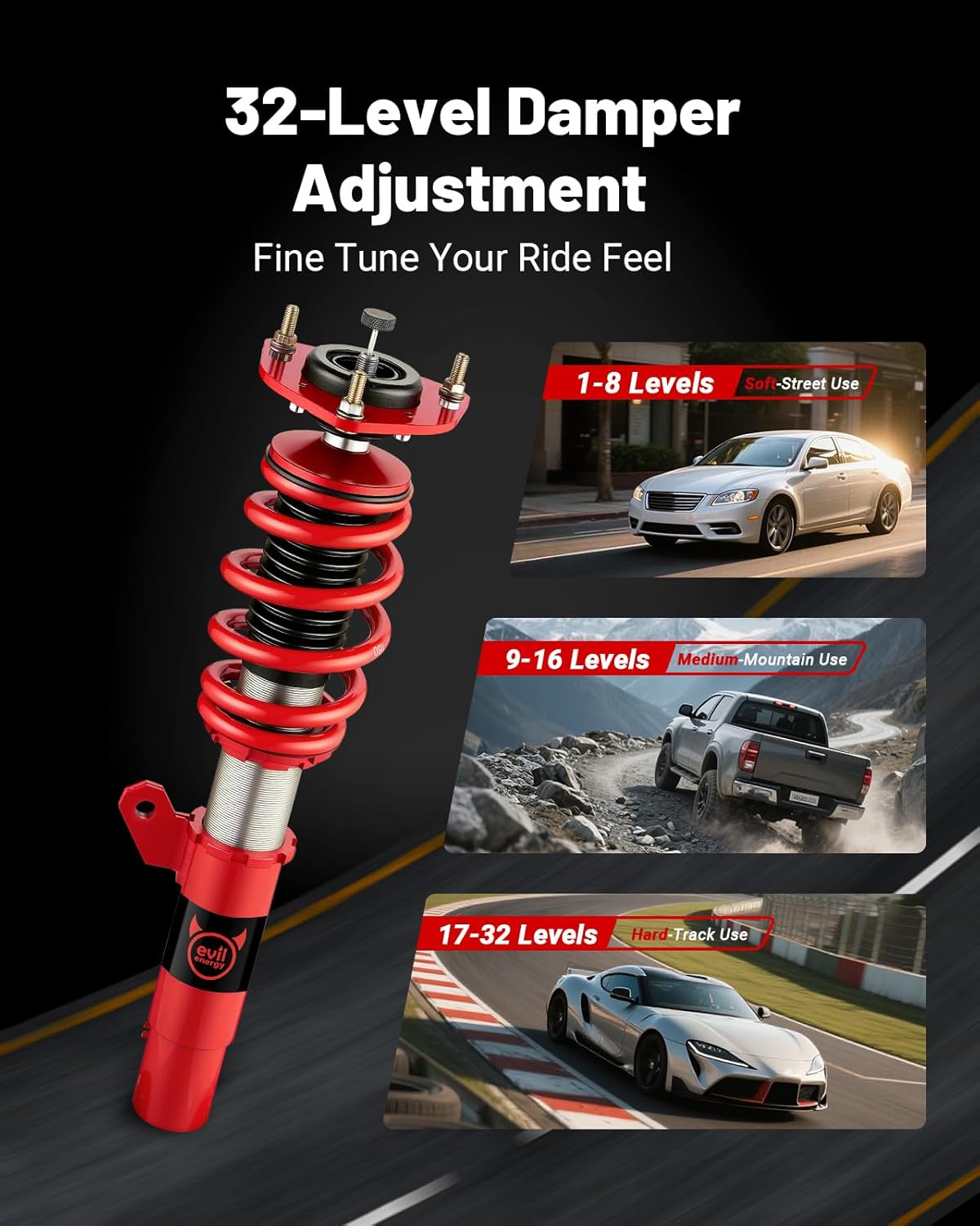 EVIL ENERGY Coilovers Compatible for Volkswagen GTI (MK7) 2015-2019, Height Adjustable Coilovers Lowering Kit with 32-Level Damper Adjustment, Red - EVILENERGY