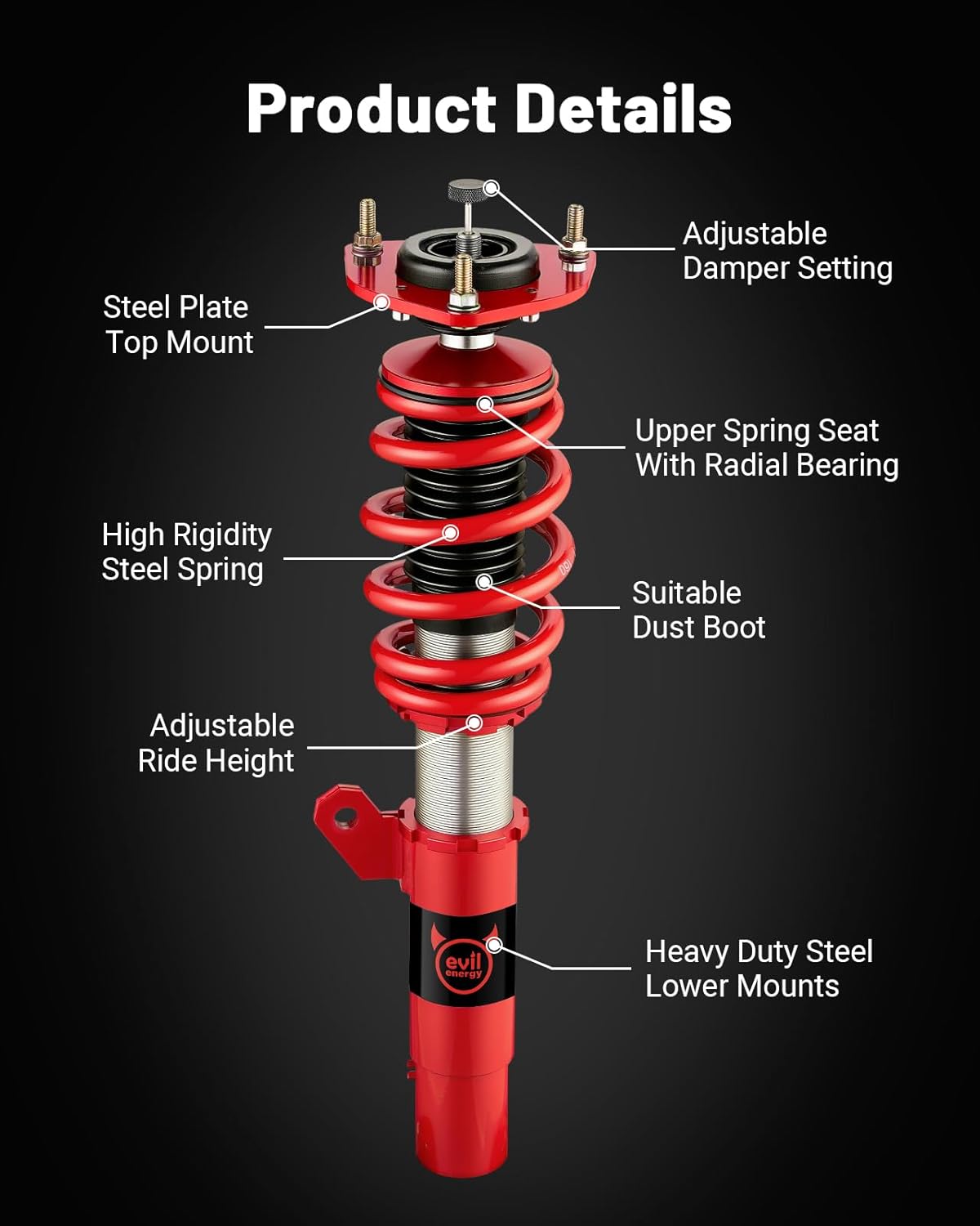 EVIL ENERGY Coilovers Compatible for Volkswagen GTI (MK7) 2015-2019, Height Adjustable Coilovers Lowering Kit with 32-Level Damper Adjustment, Red - EVILENERGY