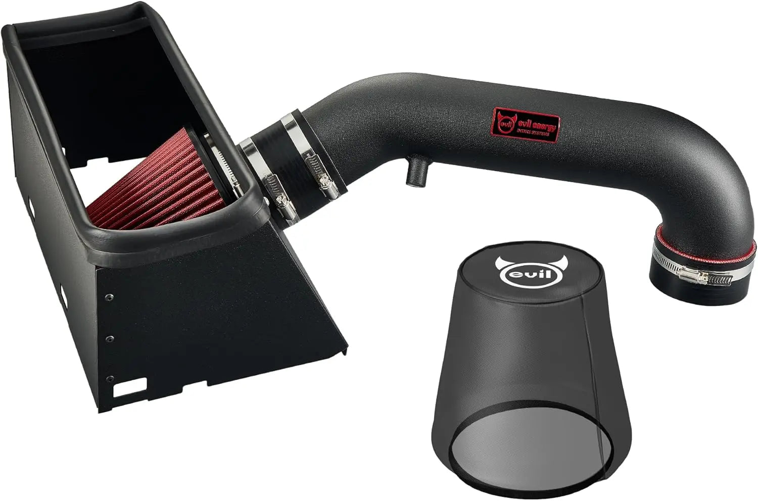 EVIL ENERGY Cold Air Intake System for Dodge Ram/Ram Classic 5.7L – Close-Up of Black Tube, Red Filter & Heat Shield