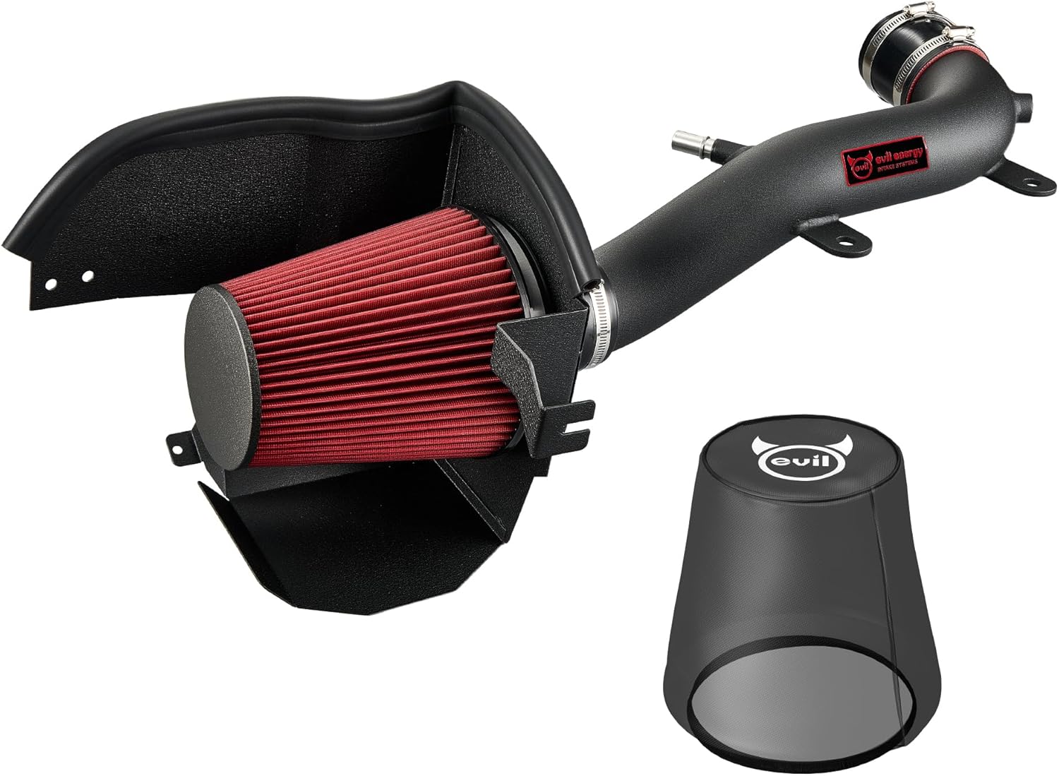 EVIL ENERGY Cold Air Intake System – Close-Up of Black Tube, Red Filter & Heat Shield