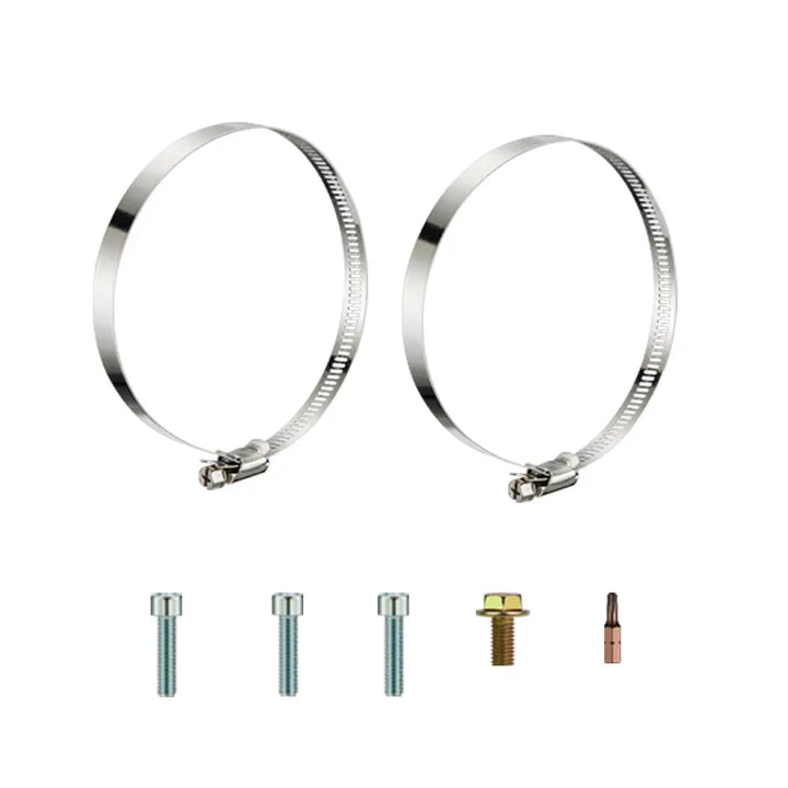 Complete mounting hardware including stainless steel clamps and bolts for a 6.7 Cummins CAI air intake kit installation.