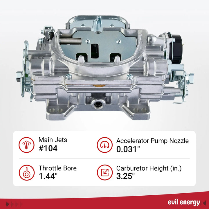 EVIL ENERGY 800 CFM 4-Barrel Carburetor specs, main jets #104, throttle bore 1.44-inch, precision design