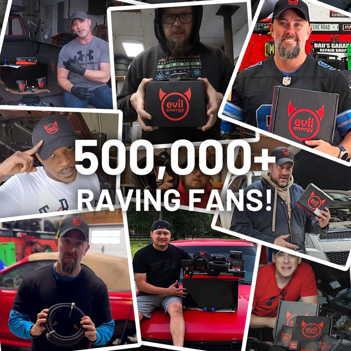 Collage of happy EVIL ENERGY customers holding fuel system kits, showcasing product boxes and installations with the caption “500,000+ Raving Fans!”