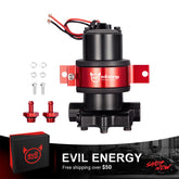 The complete EVIL ENERGY 12V Electric Fuel Pump for Carb kit, including the red and black pump, red fittings, mounting hardware, and packaging.