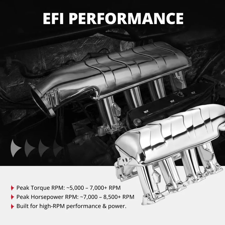 High-rise EFI performance intake manifold overlaid on a classic V8 engine bay, showing peak torque RPM at 5,000 to 7,000 plus and peak horsepower RPM at 7,000 to 8,500 plus for high-RPM performance.