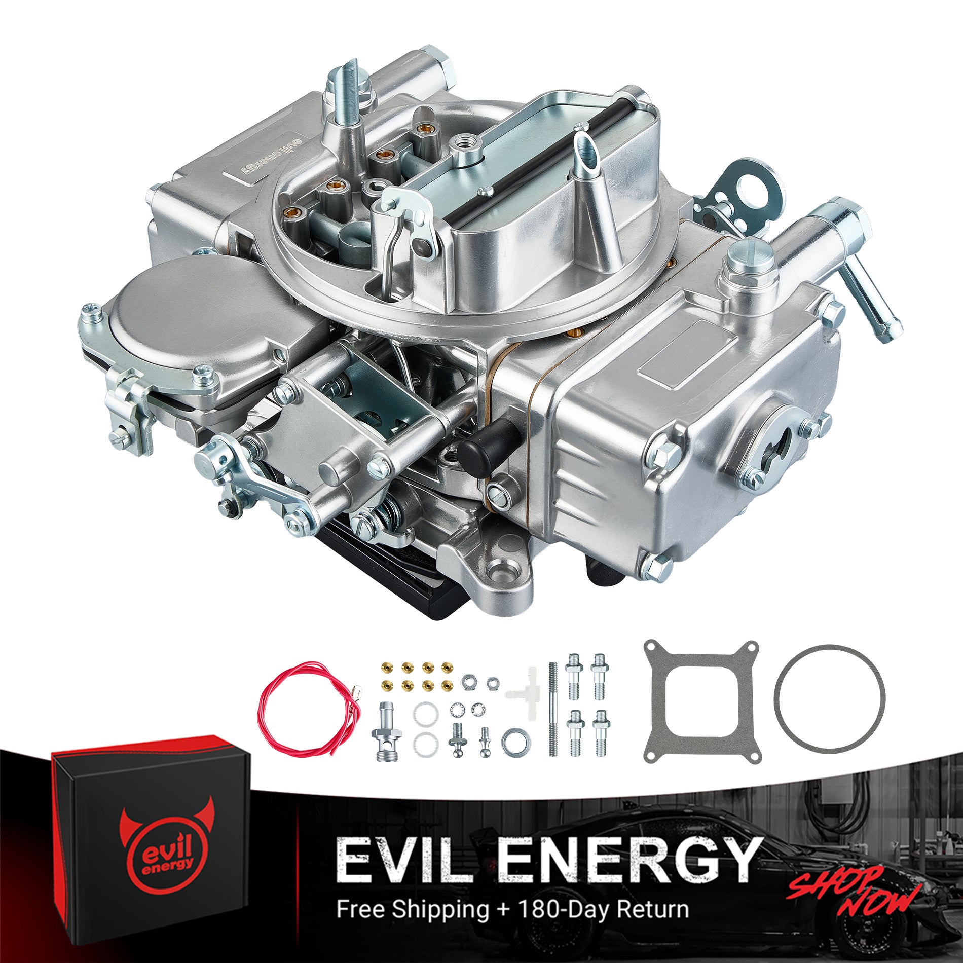 EVIL ENERGY 600 CFM 4-Barrel Carburetor with full installation kit including gaskets, fittings, and wiring