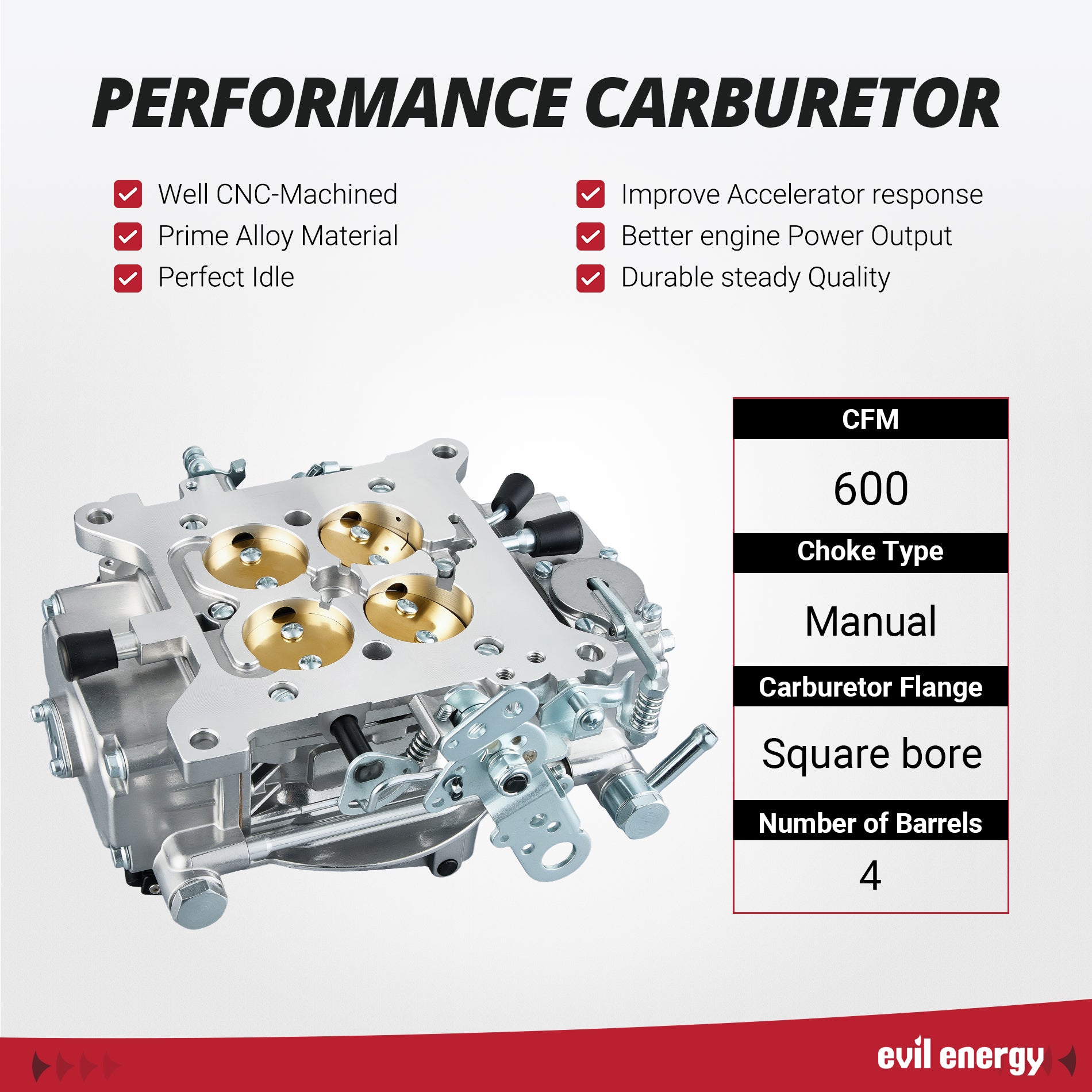 EVIL ENERGY 600 CFM 4-Barrel Carburetor performance specifications including 600 CFM airflow, manual choke, square bore flange, and four barrels