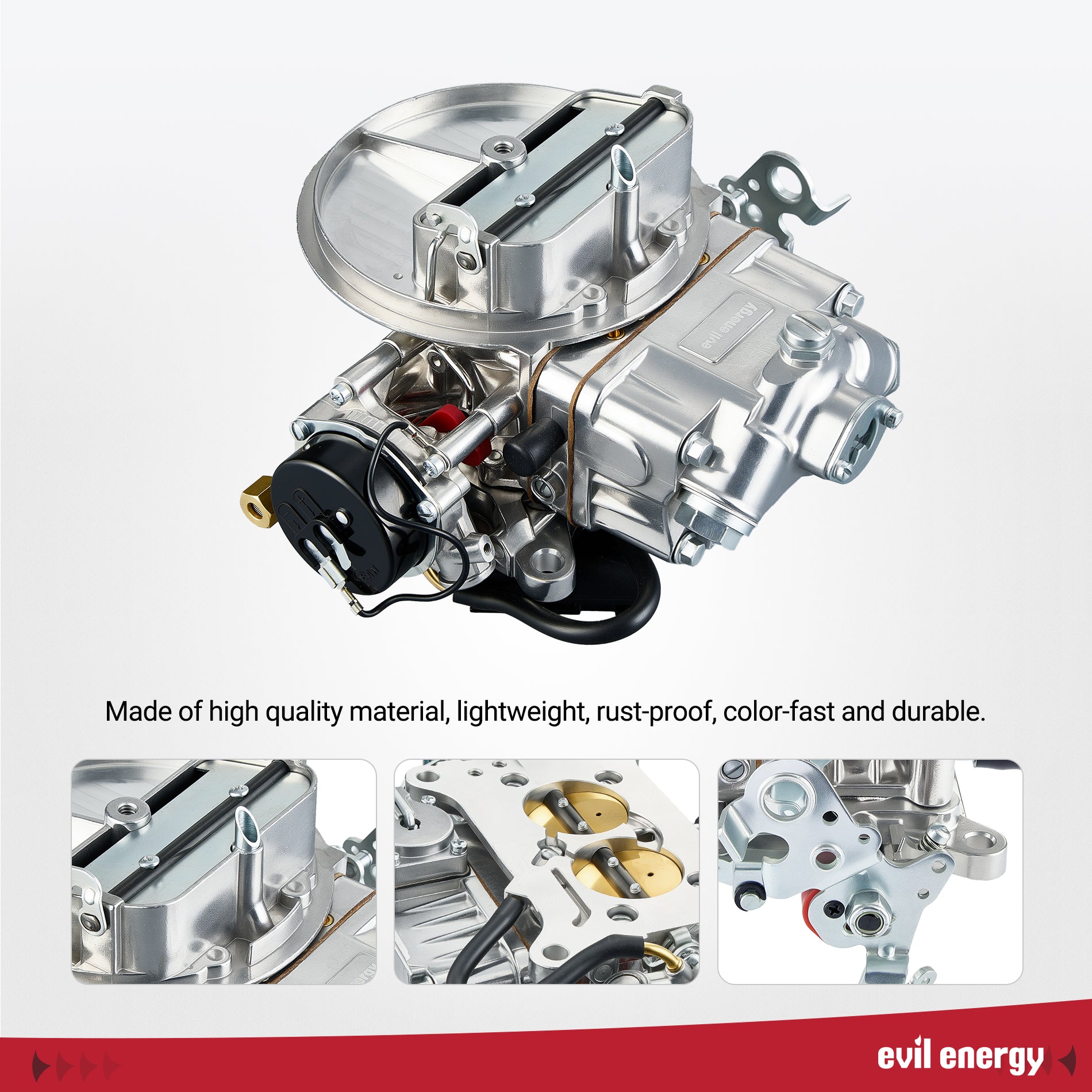 High-quality aluminum construction of EVIL ENERGY 500 CFM 2-barrel Street Carburetor offering rust resistance and durability