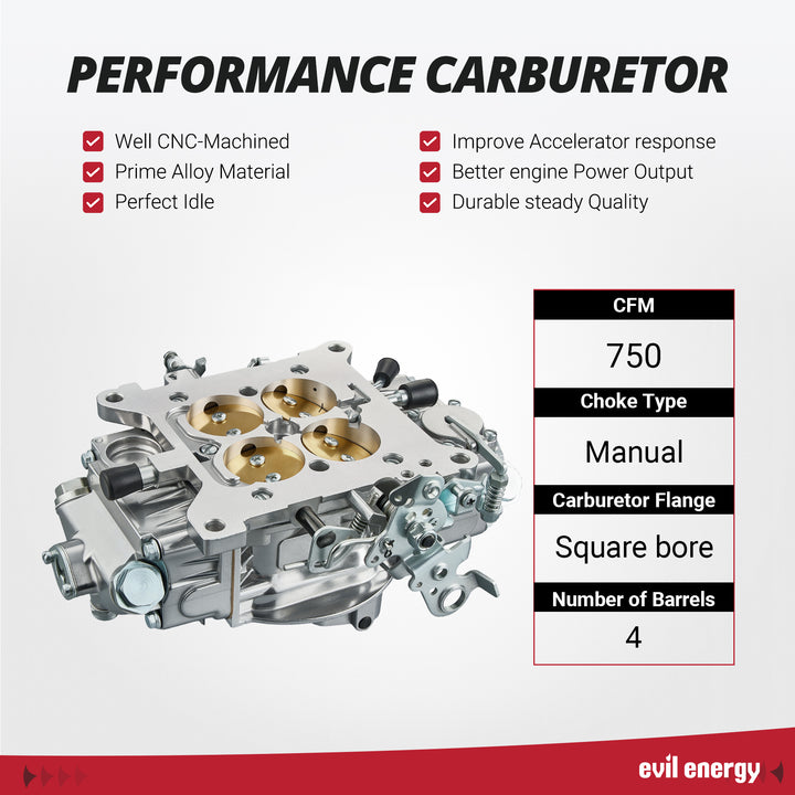 EVIL ENERGY 750 CFM 4 - Barrel Carburetor performance: CNC - machined, manual choke, square bore