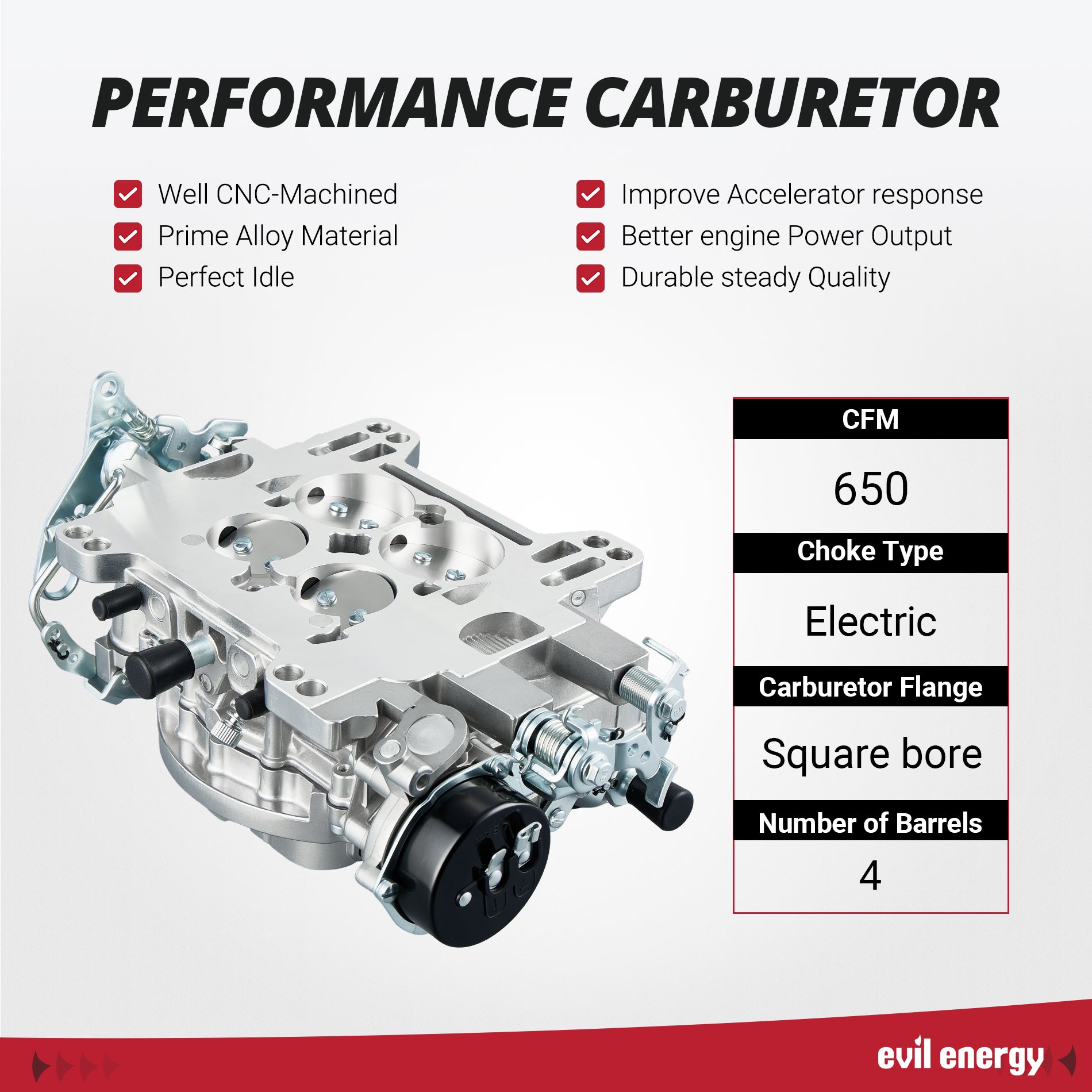 EVIL ENERGY 650 CFM 4 - barrel Carburetor performance: CNC - machined, electric choke, square bore