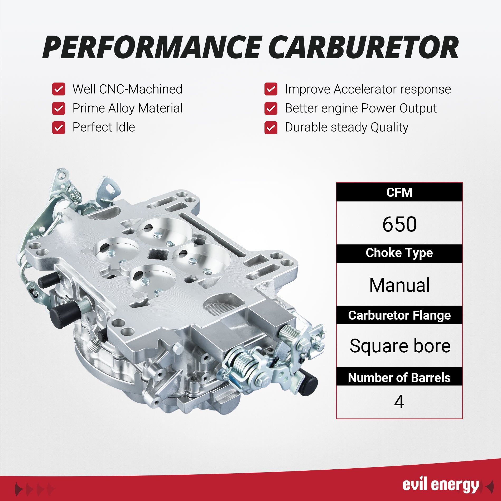 EVIL ENERGY 650 CFM 4-barrel Carburetor performance, CNC - machined, prime alloy