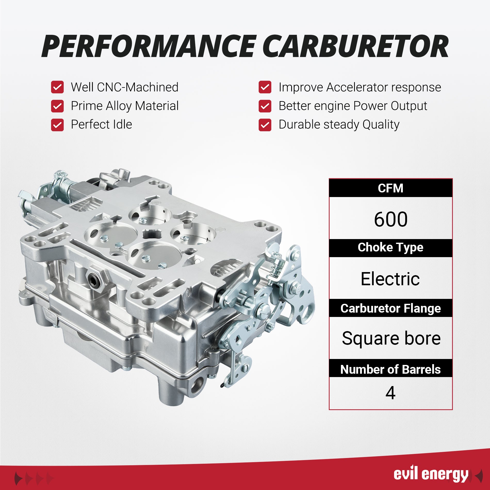 EVIL ENERGY 600 CFM 4-Barrel Marine Carburetor performance, CNC - machined, prime alloy