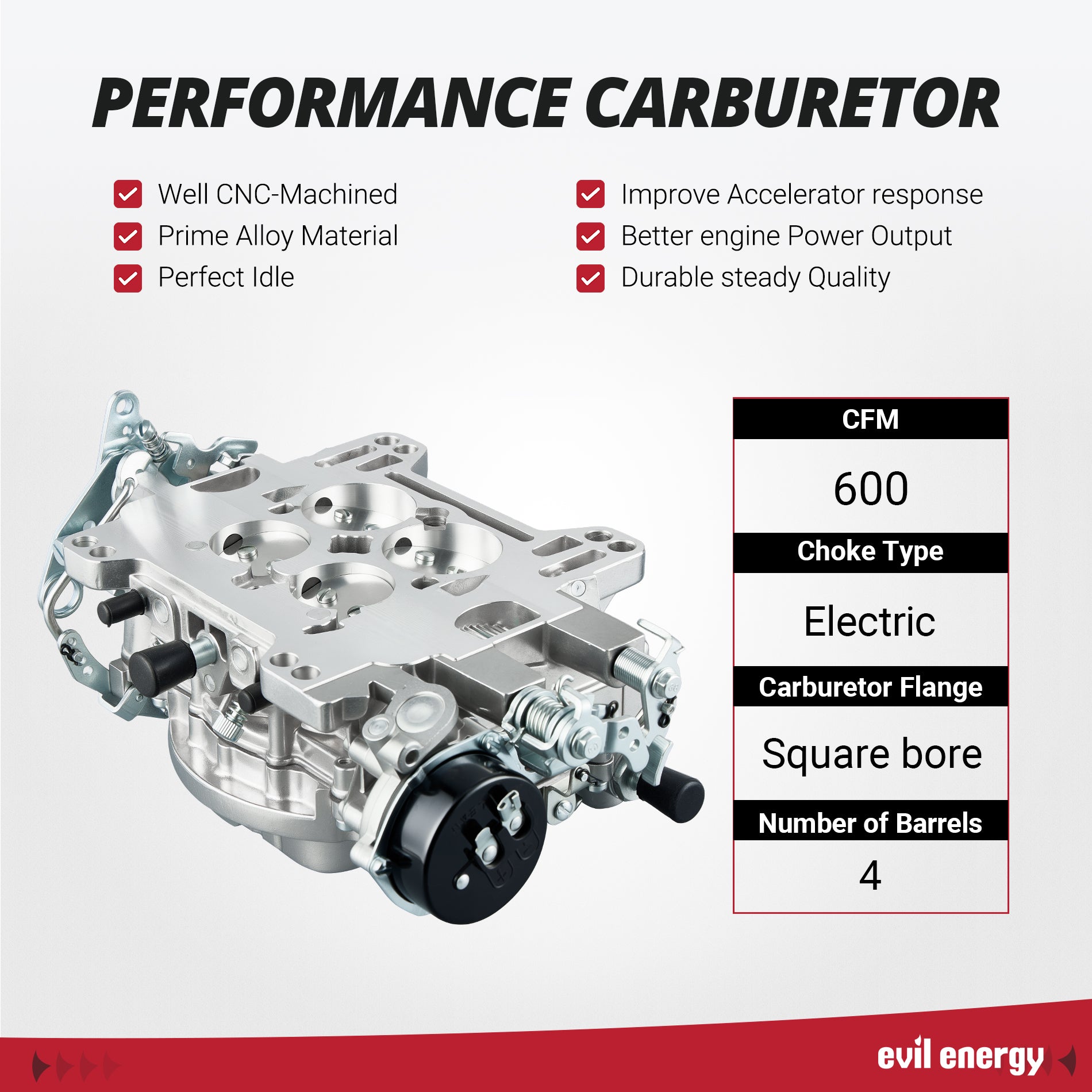 EVIL ENERGY 600 CFM 4-barrel electric choke carburetor featuring CNC-machined body, square bore, and smart performance attributes.