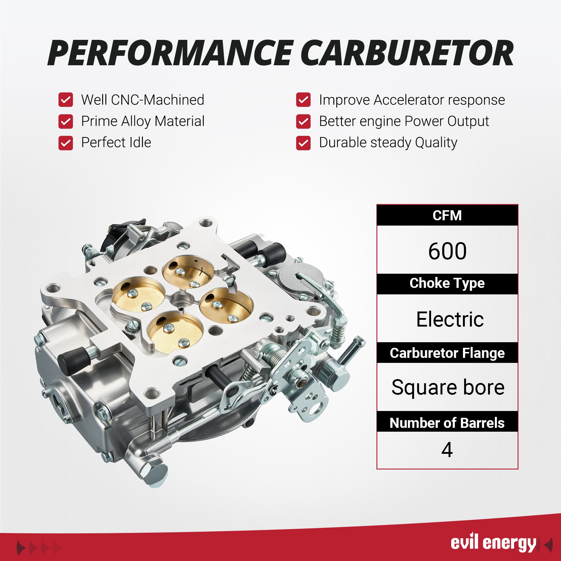 EVIL ENERGY 600 CFM 4-Barrel Performance Carburetor specifications with 600 CFM airflow, electric choke, square bore flange, and four barrels