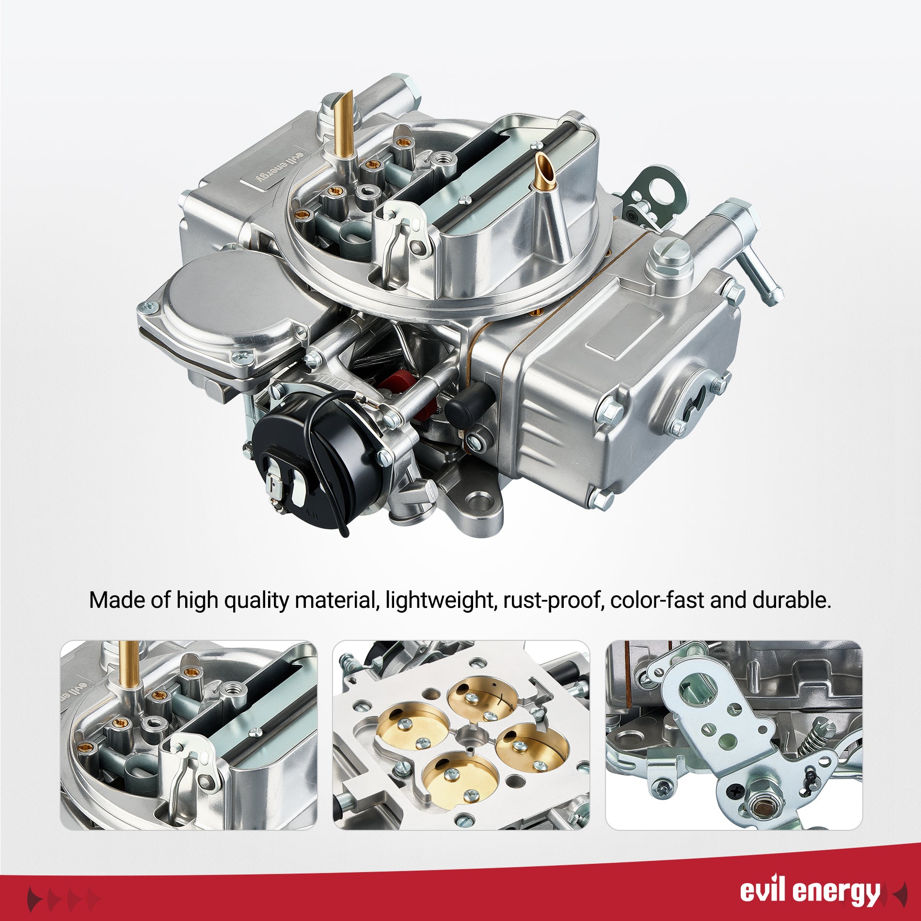 High-quality alloy body of EVIL ENERGY 600 CFM 4-Barrel Performance Carburetor with rust-proof, color-fast, and durable construction