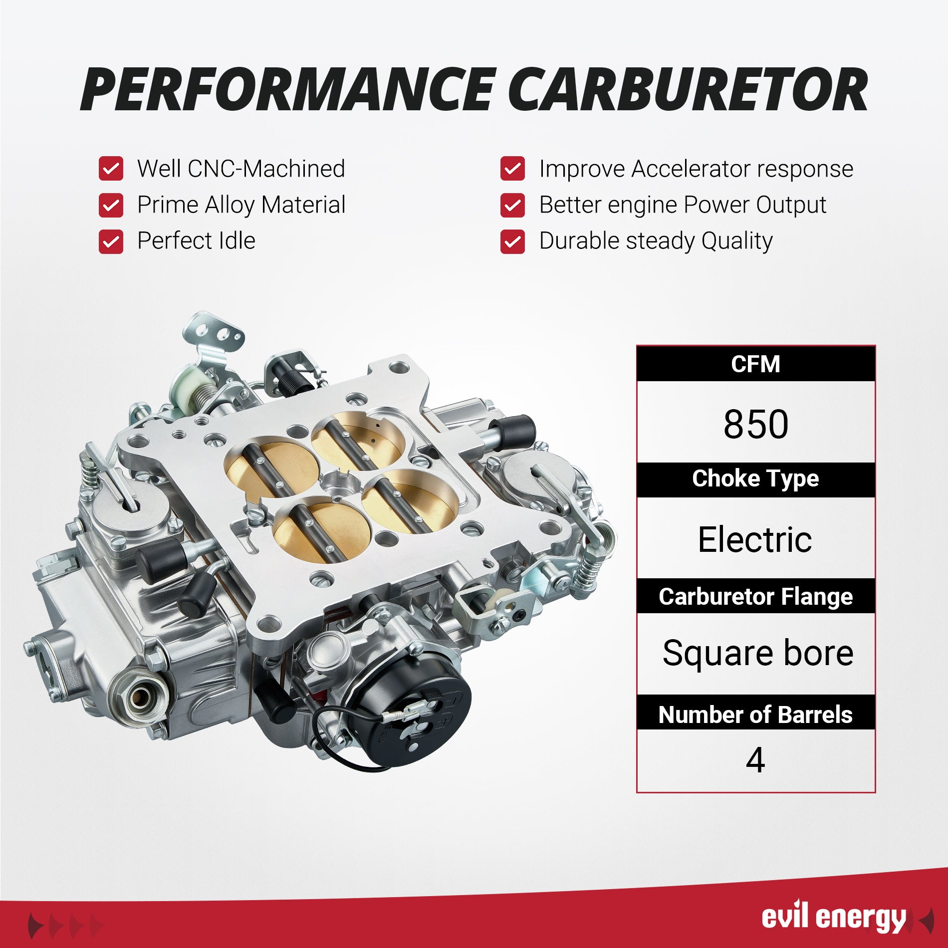 EVIL ENERGY 850 CFM Square Bore 4-Barrel Carburetor with electric choke and high-flow design for racing or street use