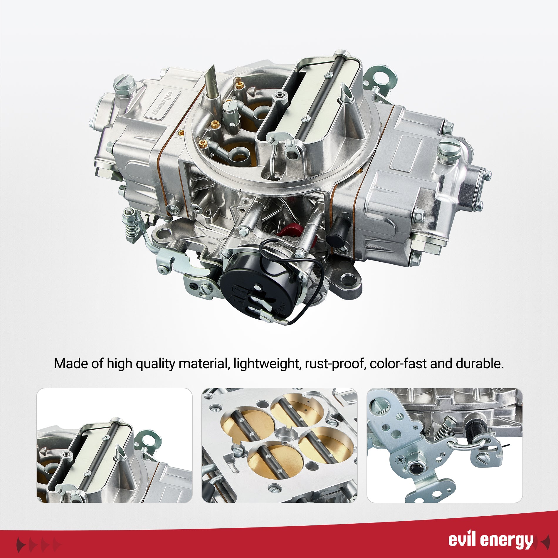 Close-up of EVIL ENERGY 850 CFM 4-Barrel Carburetor made from rust-proof, lightweight, and durable alloy material