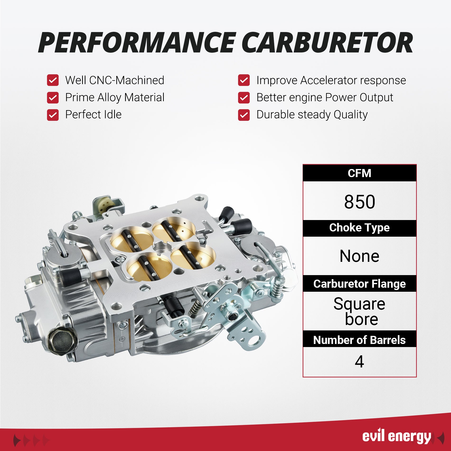 EVIL ENERGY 850 CFM 4-Barrel Carburetor performance, CNC - machined, prime alloy material