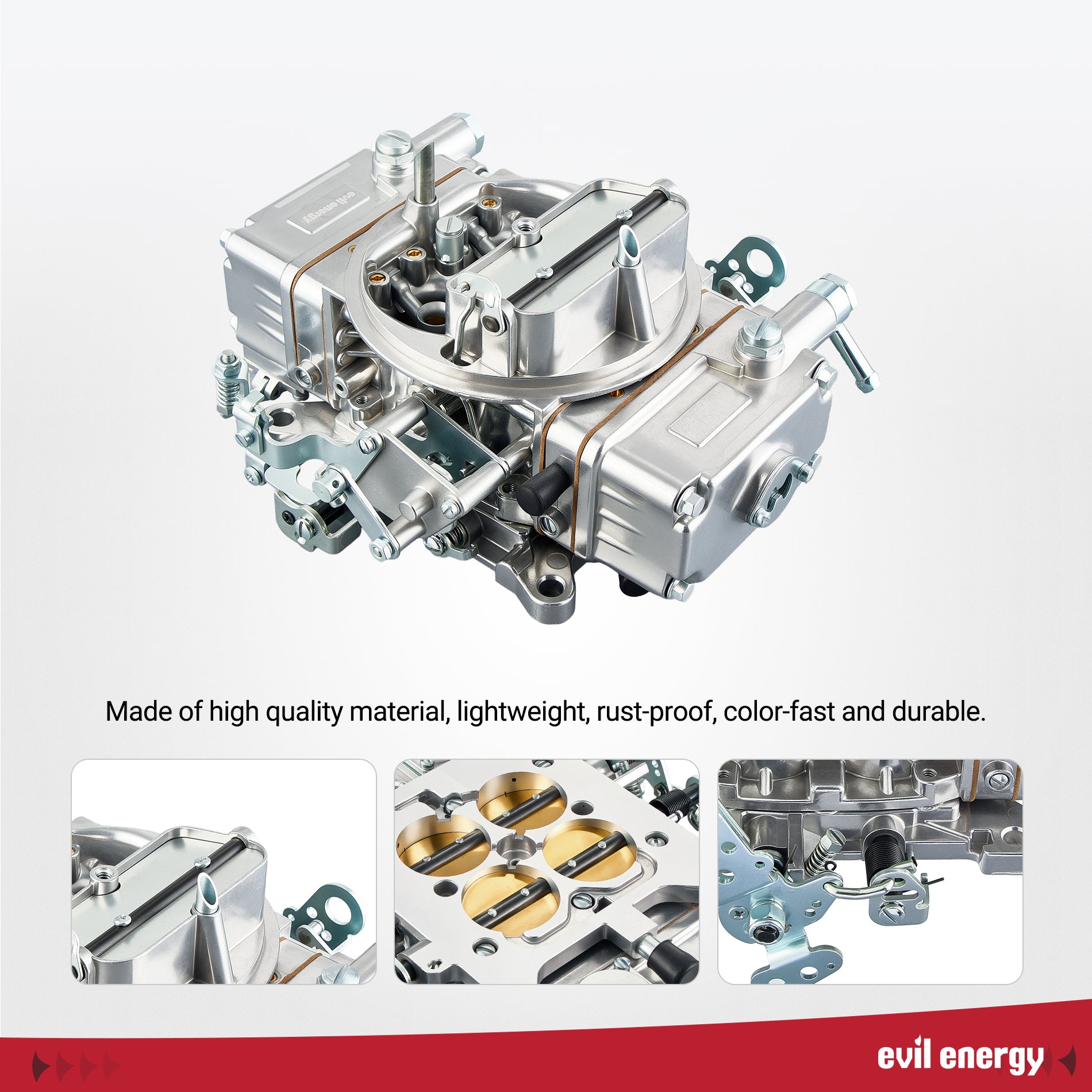 High-resolution details of EVIL ENERGY 650 CFM 4 Barrel Carburetor featuring corrosion-resistant alloy and precision design