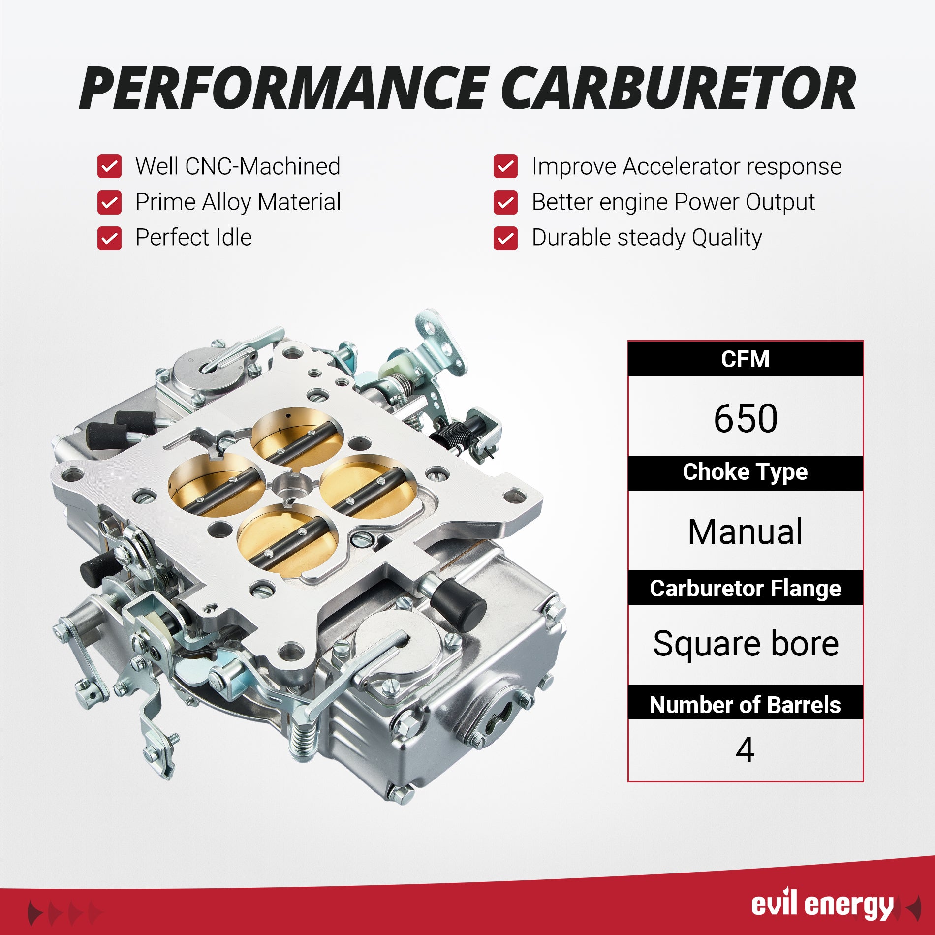 EVIL ENERGY 650 CFM 4 Barrel Carburetor performance chart showing CNC machining, manual choke, and 4-barrel square bore specs