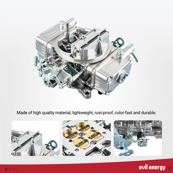High-resolution details of EVIL ENERGY 650 CFM 4 Barrel Carburetor featuring corrosion-resistant alloy and precision design