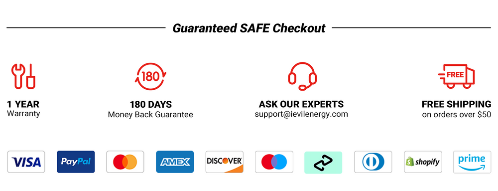 Secure online checkout with free 1-year warranty, 180-day money-back guarantee, free shipping over $50, and expert customer support from 
EVIL ENERGY.