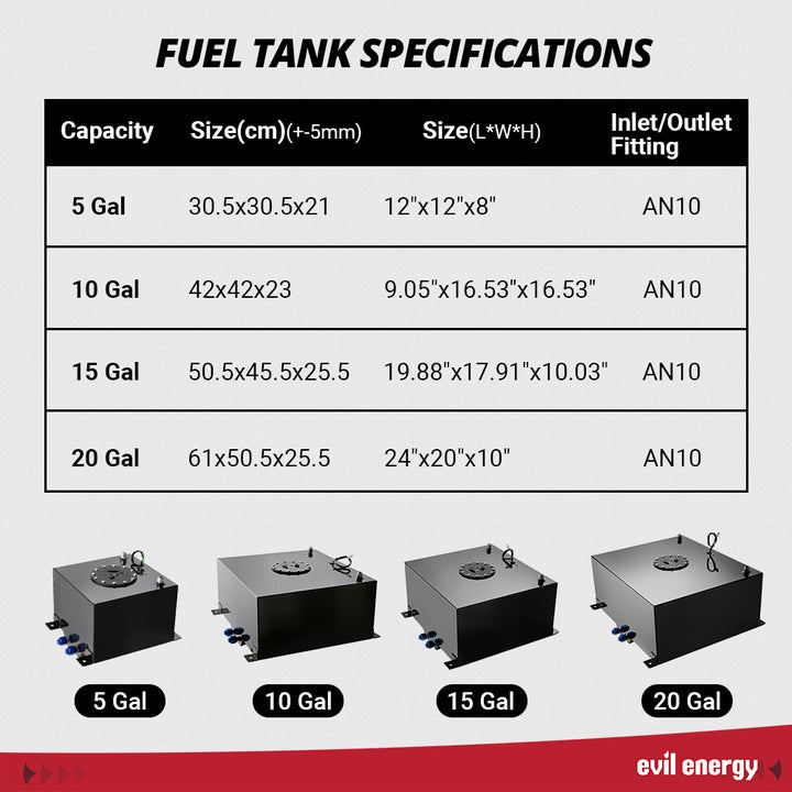 EVIL ENERGY fuel tank size comparison – 5, 10, 15, 20 gallon tanks with AN10 inlet/outlet fittings and precise dimensions