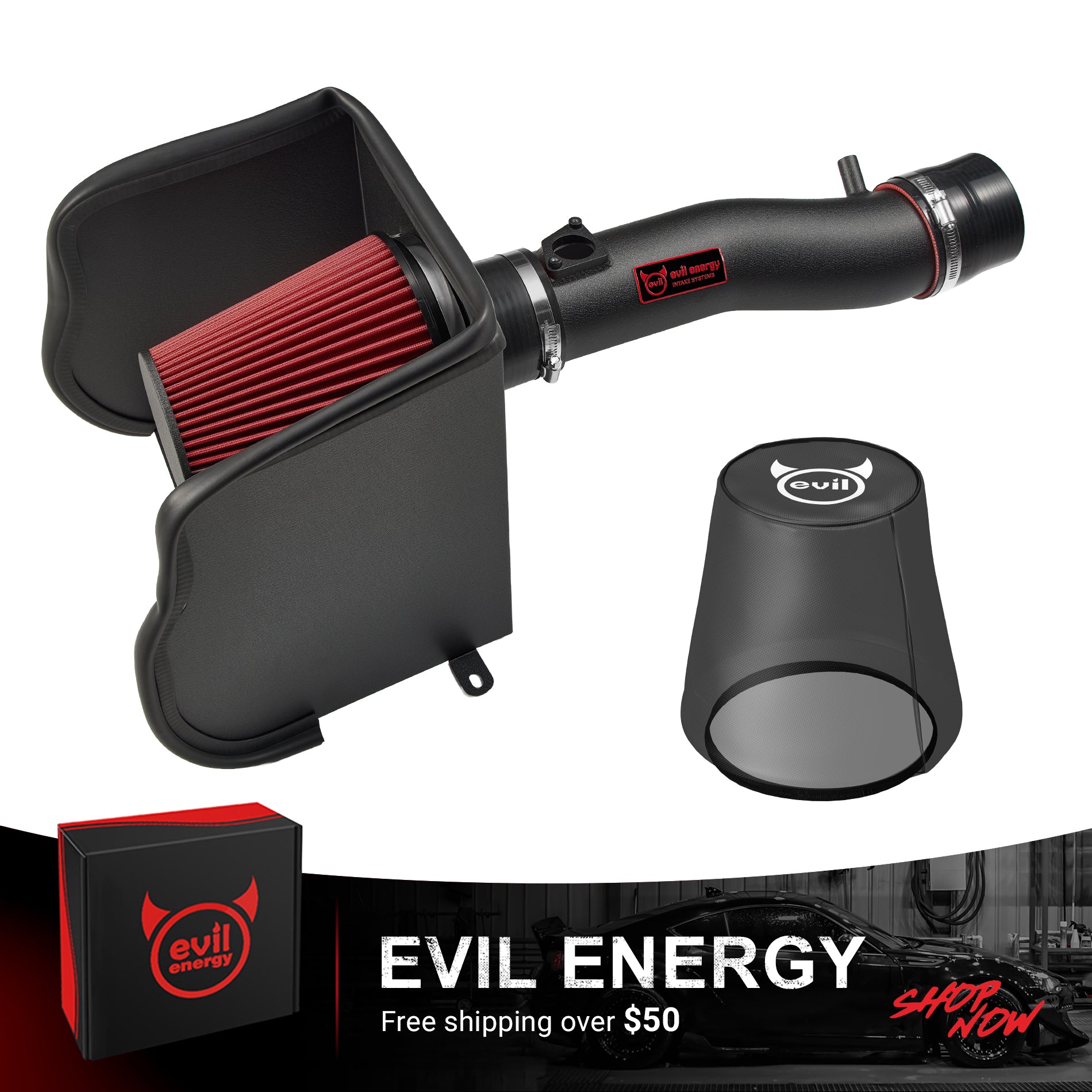EVIL ENERGY Cold Air Intake Kit for 2016-2023 Toyota Tacoma 3.5L – Free Shipping Over $50, Includes Black Tube, Red Filter & Heat Shield