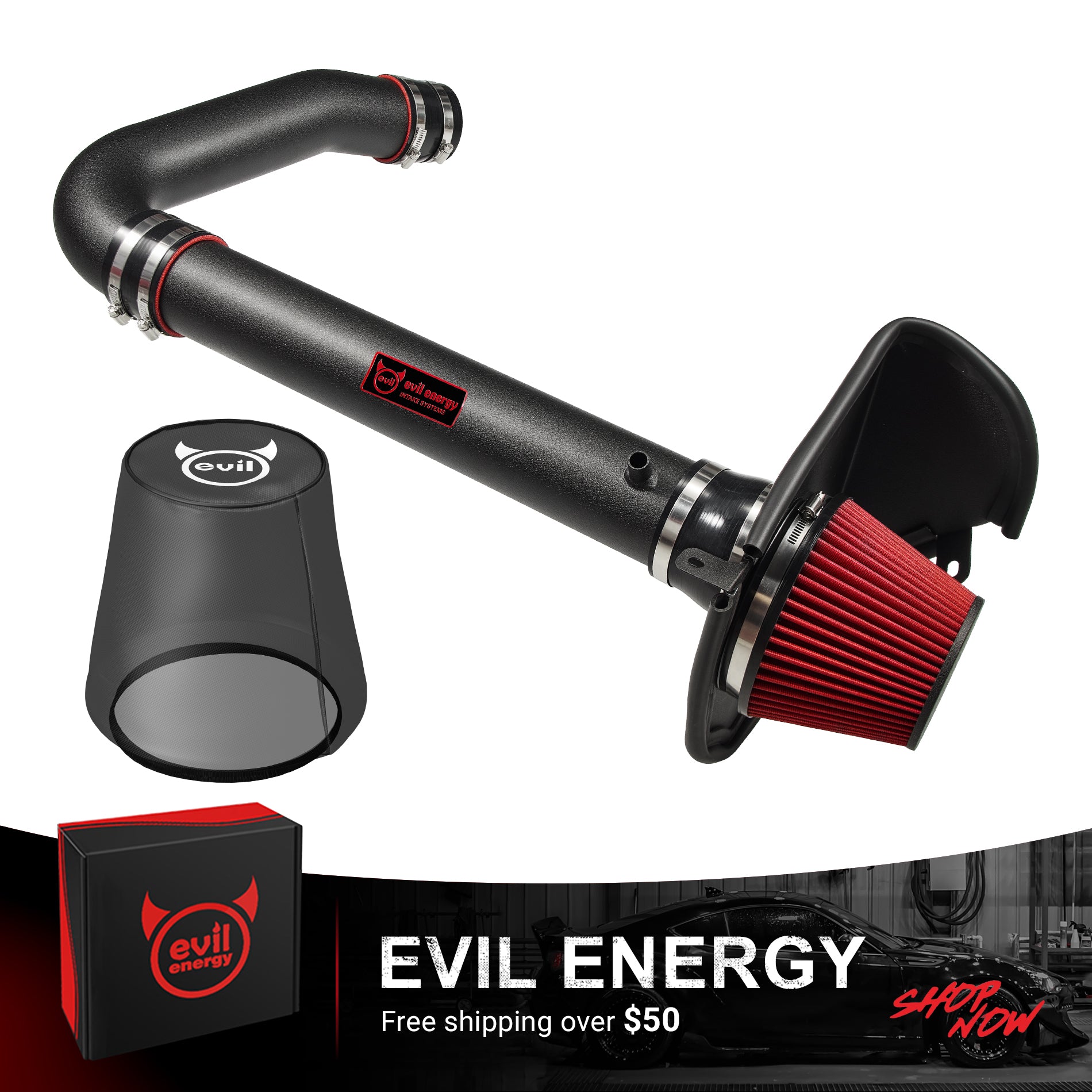 EVIL ENERGY Cold Air Intake Kit – Free Shipping Over $50, Includes Black Tube, Red Filter & Heat Shield