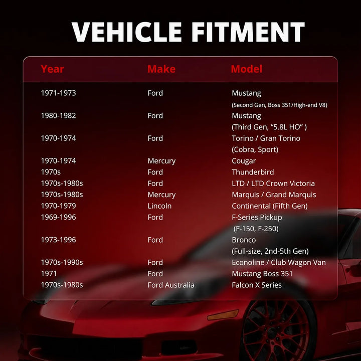 Vehicle compatibility chart for Ford 351W intake manifold part 4023, fitting Mustang Boss 351, F-150 pickup, full-size Bronco, and Torino.