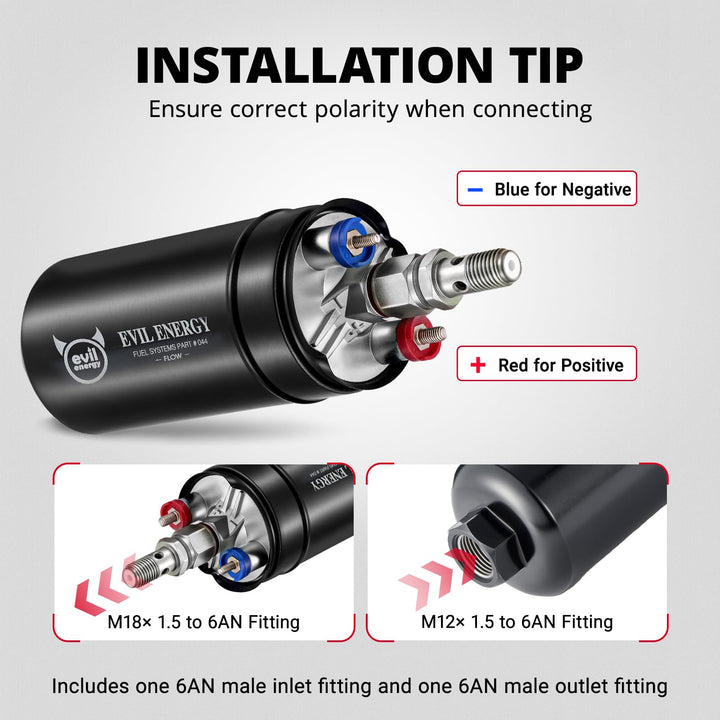 EVIL ENERGY 12V Inline Electric Fuel Pump Kit, 300LPH High Flow External Fuel Pump with 10FT 6AN Fuel Line & Fittings, 12 Volt Fuel Inline Pump for EFI Systems - EVILENERGY