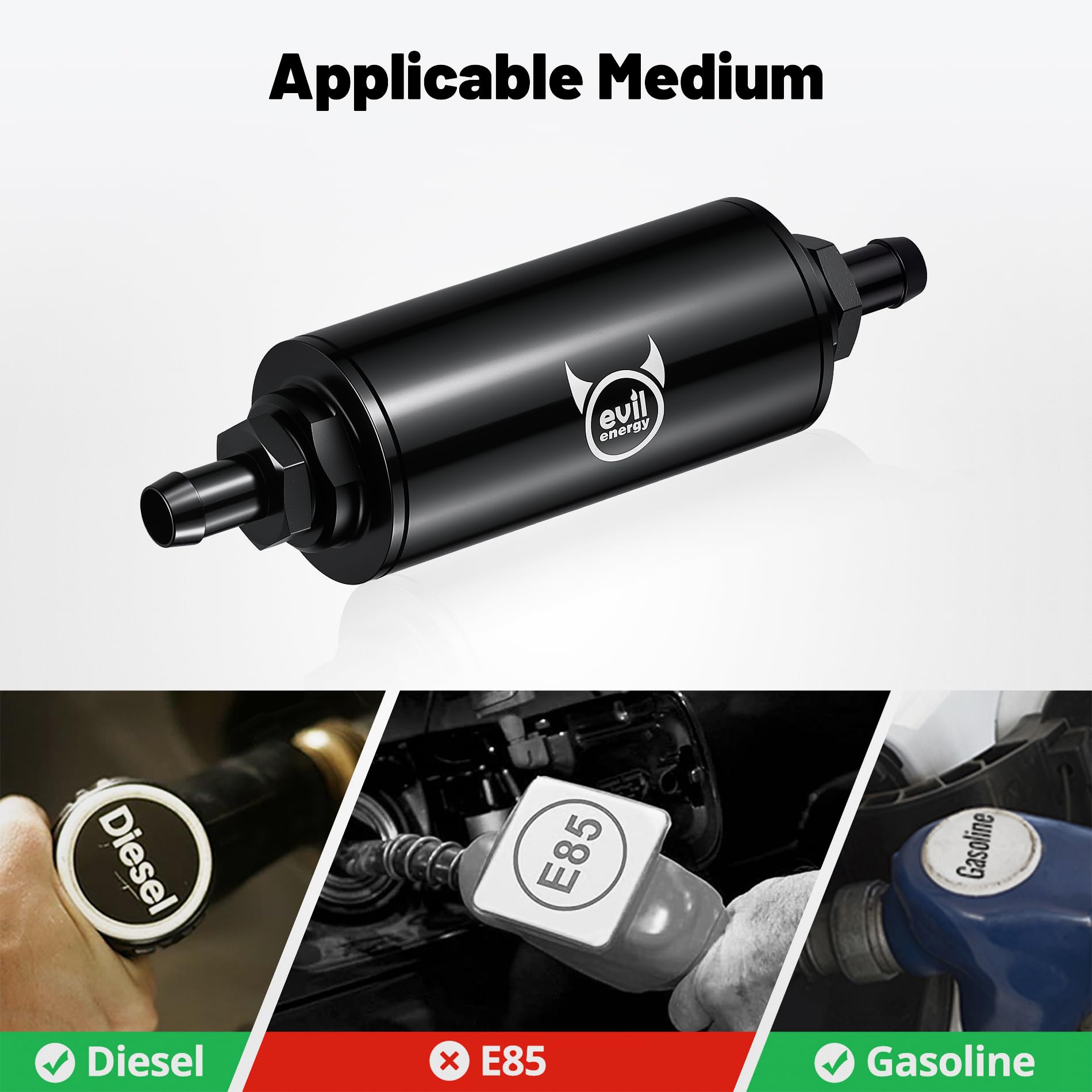 Evil Energy Universal Inline Fuel Filter - 10/30/40/100 Micron Stainless Steel Element w/1/2", 3/8", 5/16" Barb Adapters (Gas/Diesel Compatible) - Aluminum Black - EVILENERGY