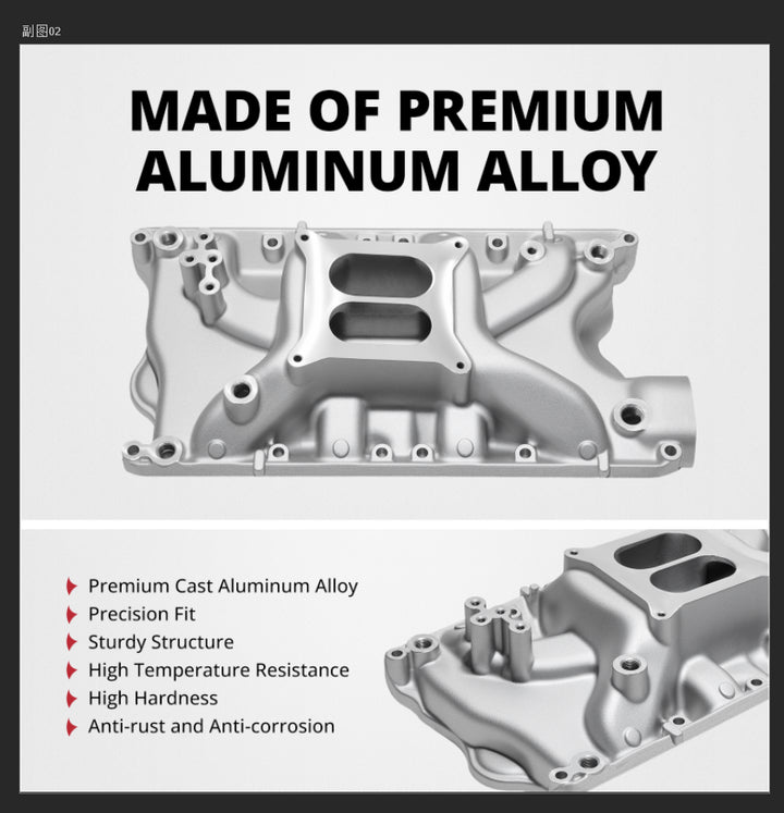 Premium cast aluminum alloy Ford 351 Windsor intake manifold showcasing corrosion resistance, anti-rust durability, and precision fitment specs.