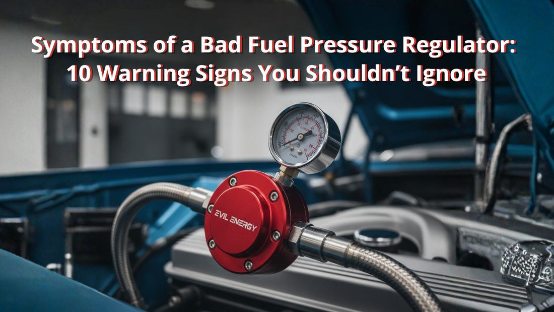 EVIL ENERGY adjustable EFI fuel pressure regulator with liquid-filled gauge installed on a performance engine.