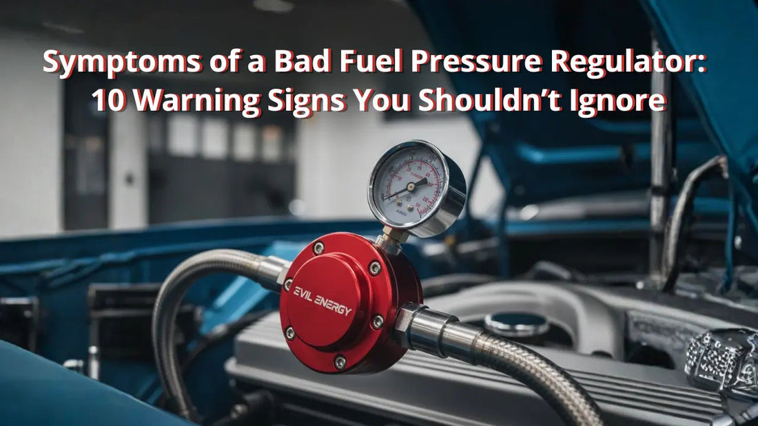 EVIL ENERGY adjustable EFI fuel pressure regulator with liquid-filled gauge installed on a performance engine.