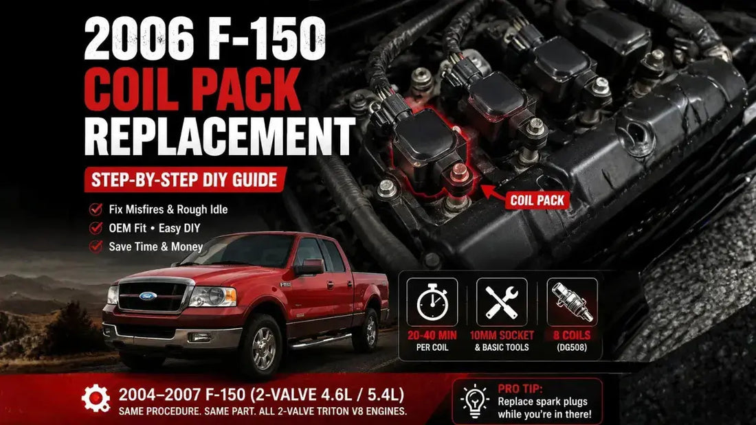 2006 F-150 Coil Pack Replacement guide showing red Ford F-150 truck, highlighted ignition coil packs on engine, and step-by-step DIY instructions including tools and time estimates.