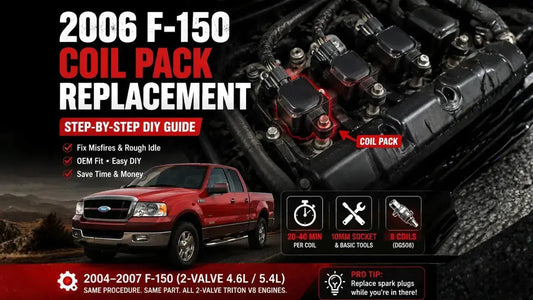 2006 F-150 Coil Pack Replacement guide showing red Ford F-150 truck, highlighted ignition coil packs on engine, and step-by-step DIY instructions including tools and time estimates.