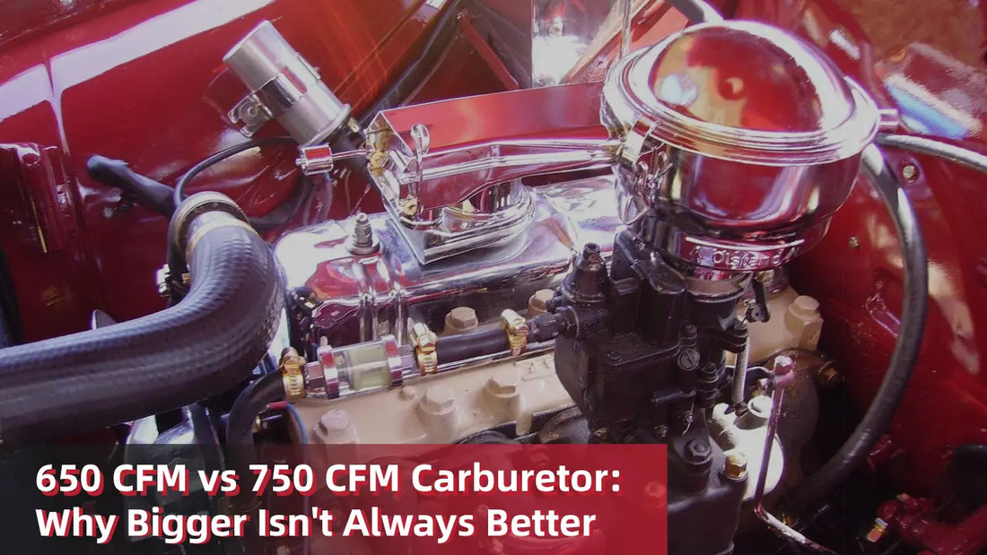 A V8 engine's carburetor, illustrating the article's main topic: 650 CFM vs 750 CFM Carburetor.