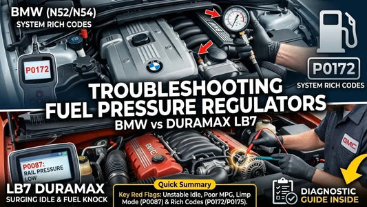 A split-screen comparison infographic for fuel system troubleshooting. The top section shows a BMW engine (N52/N54) with a diagnostic tool displaying code 'P0172' and a fuel gauge, labeled 'SYSTEM RICH CODES.'