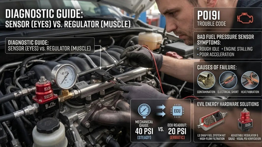 Diagnostic guide comparing fuel pressure sensor and regulator showing P0191 trouble code, symptoms, and causes of fuel pressure sensor failure