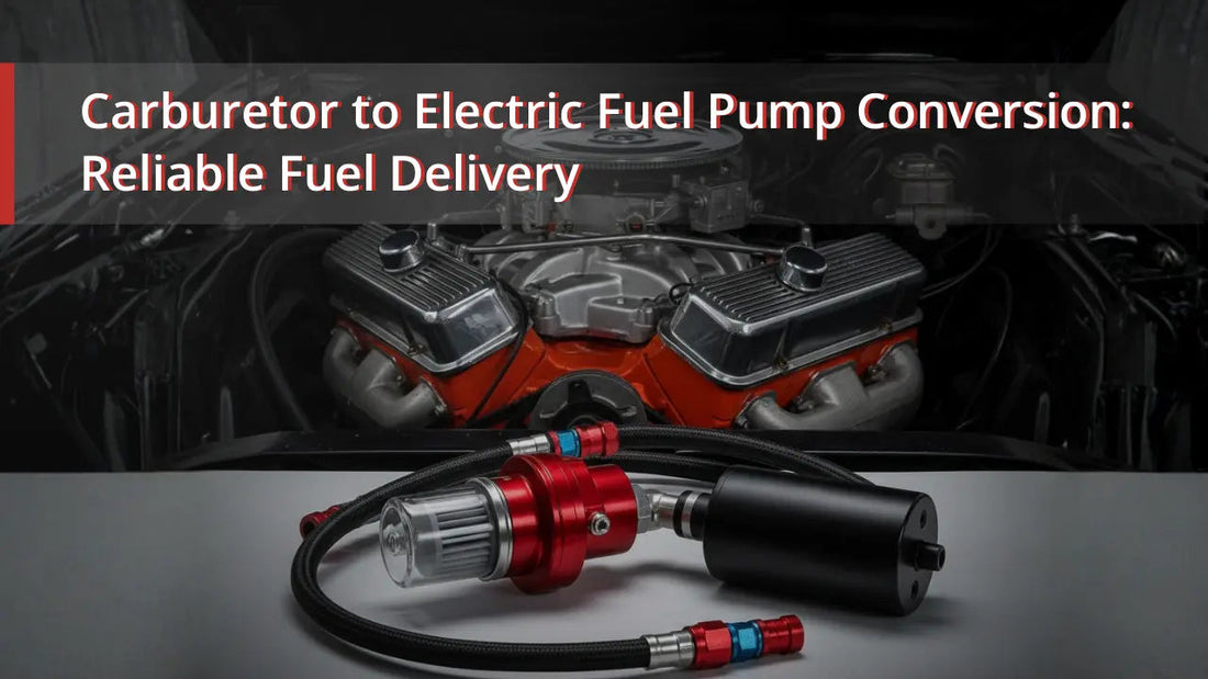 EVIL ENERGY carburetor to electric fuel pump conversion kit featuring an adjustable fuel pressure regulator, high-flow inline pump, and AN6 nylon braided fuel lines for classic V8 engine upgrades.