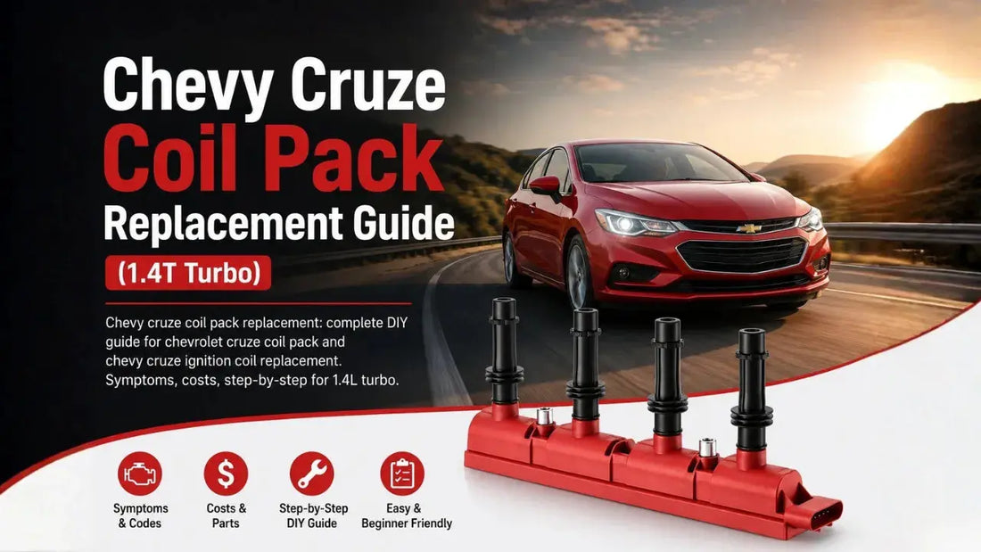 Red Coil-on-Plug ignition coil pack installed on a Chevy Cruze 1.4T engine cover with DIY mechanic tools.
