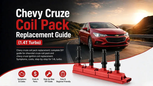 Red Coil-on-Plug ignition coil pack installed on a Chevy Cruze 1.4T engine cover with DIY mechanic tools.