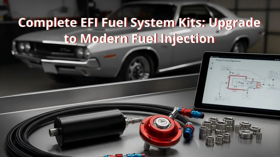 A complete EFI fuel system kit including a high-pressure pump, red fuel pressure regulator, and PTFE lines, displayed in a garage with a classic muscle car and a technical tablet showing fuel system diagrams.