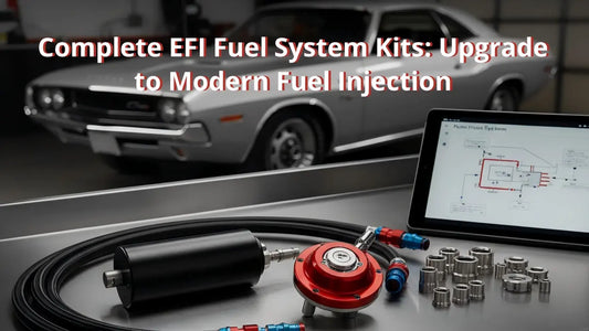 A complete EFI fuel system kit including a high-pressure pump, red fuel pressure regulator, and PTFE lines, displayed in a garage with a classic muscle car and a technical tablet showing fuel system diagrams.