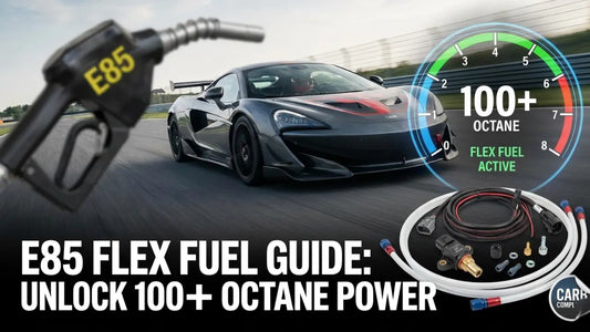 A performance sports car accelerating on a race track with an E85 fuel nozzle icon and a digital gauge showing 100+ octane. This visual represents the power gains achieved after a flex fuel conversion.