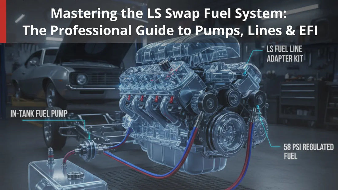 Professional guide to LS swap fuel systems showing an in-tank fuel pump, LS fuel line adapter kit, and 58 PSI regulated fuel setup on a high-performance V8.