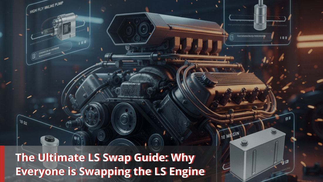 The Ultimate LS Swap Guide cover featuring a high-performance V8 engine with technical callouts for a 12V inline fuel pump, fuel filter, and aluminum fuel cell gas tank.