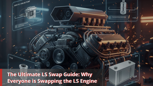 The Ultimate LS Swap Guide cover featuring a high-performance V8 engine with technical callouts for a 12V inline fuel pump, fuel filter, and aluminum fuel cell gas tank.