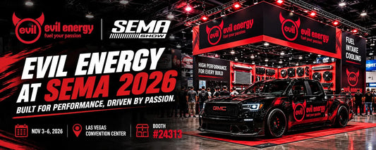 EVIL ENERGY SEMA Show 2026 announcement featuring Booth 24313 at the Las Vegas Convention Center, November 3–6, 2026